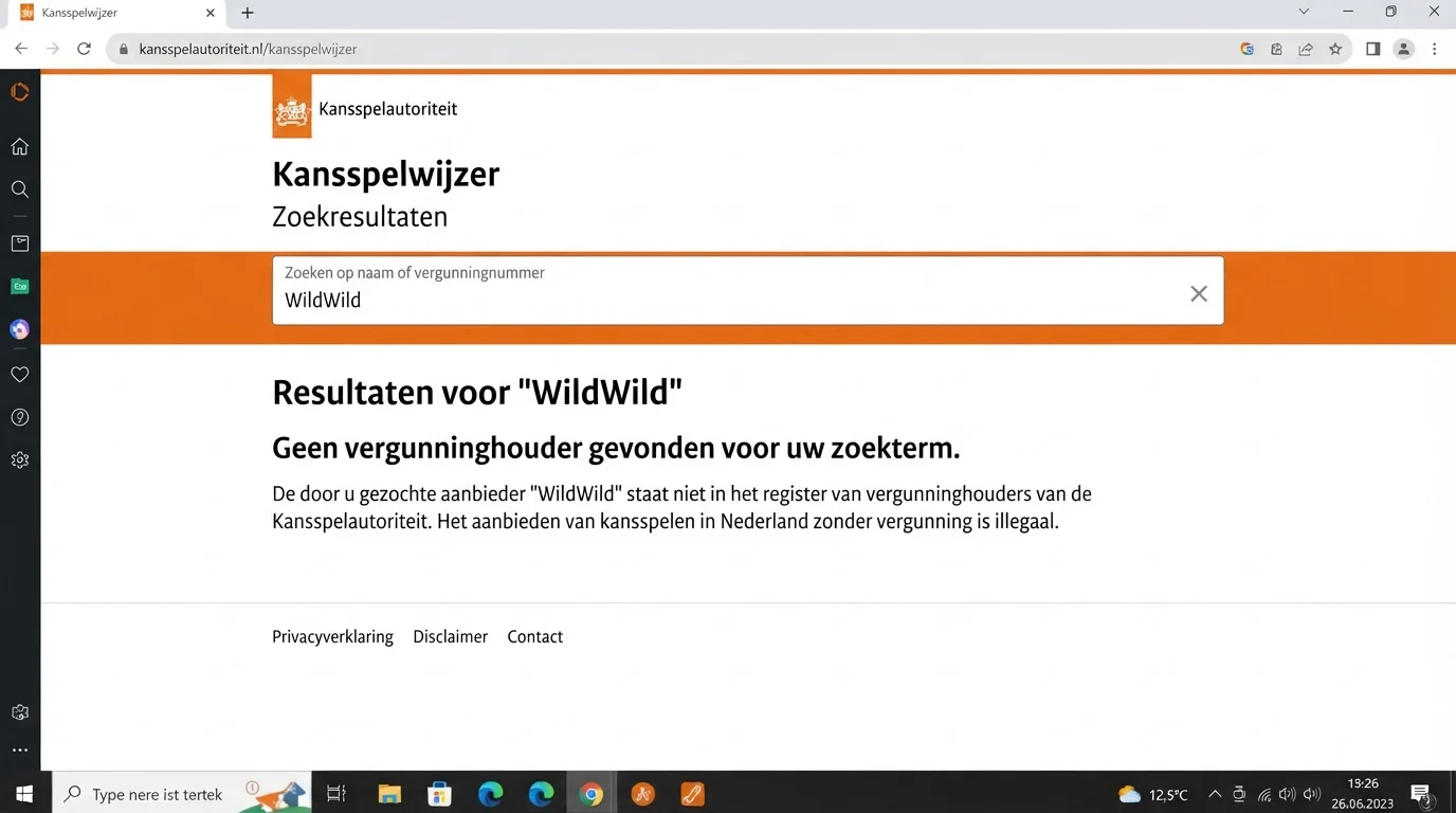 Ksa Kansspelwijzer met een zoekcontrole voor WildWild Casino en de bijbehorende registerstatus