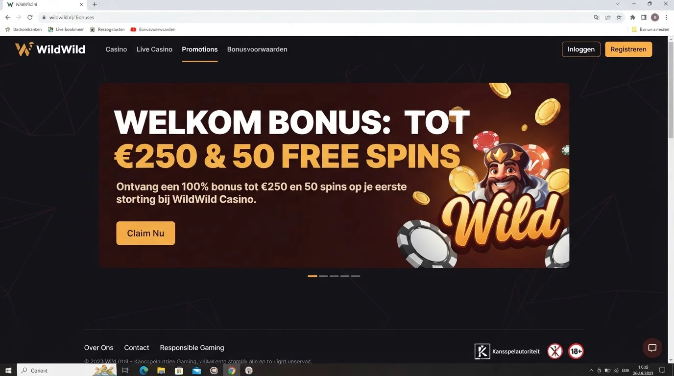 WildWild-bonuspagina met de Nederlandse welkomstaanbieding van 125% tot €750 en 100 gratis spins