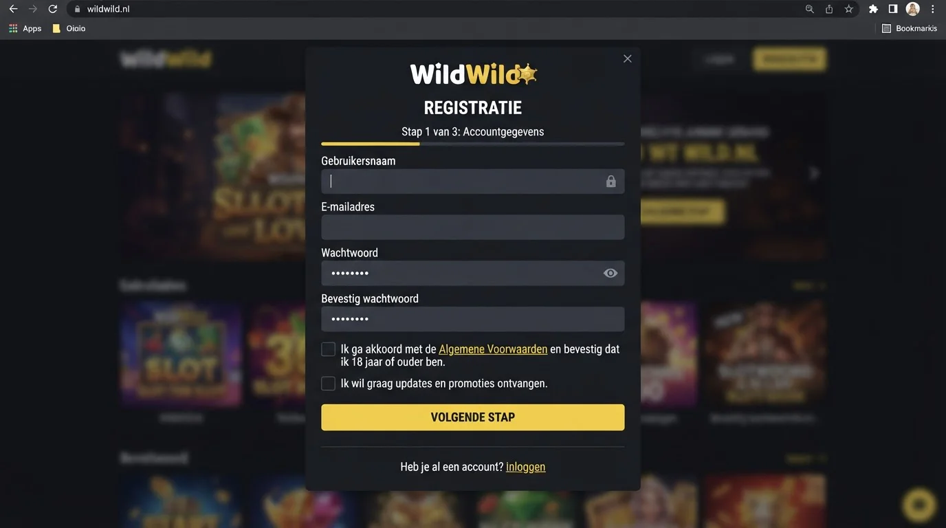 WildWild-scherm voor registratie of accountverificatie zonder ingevulde persoonsgegevens