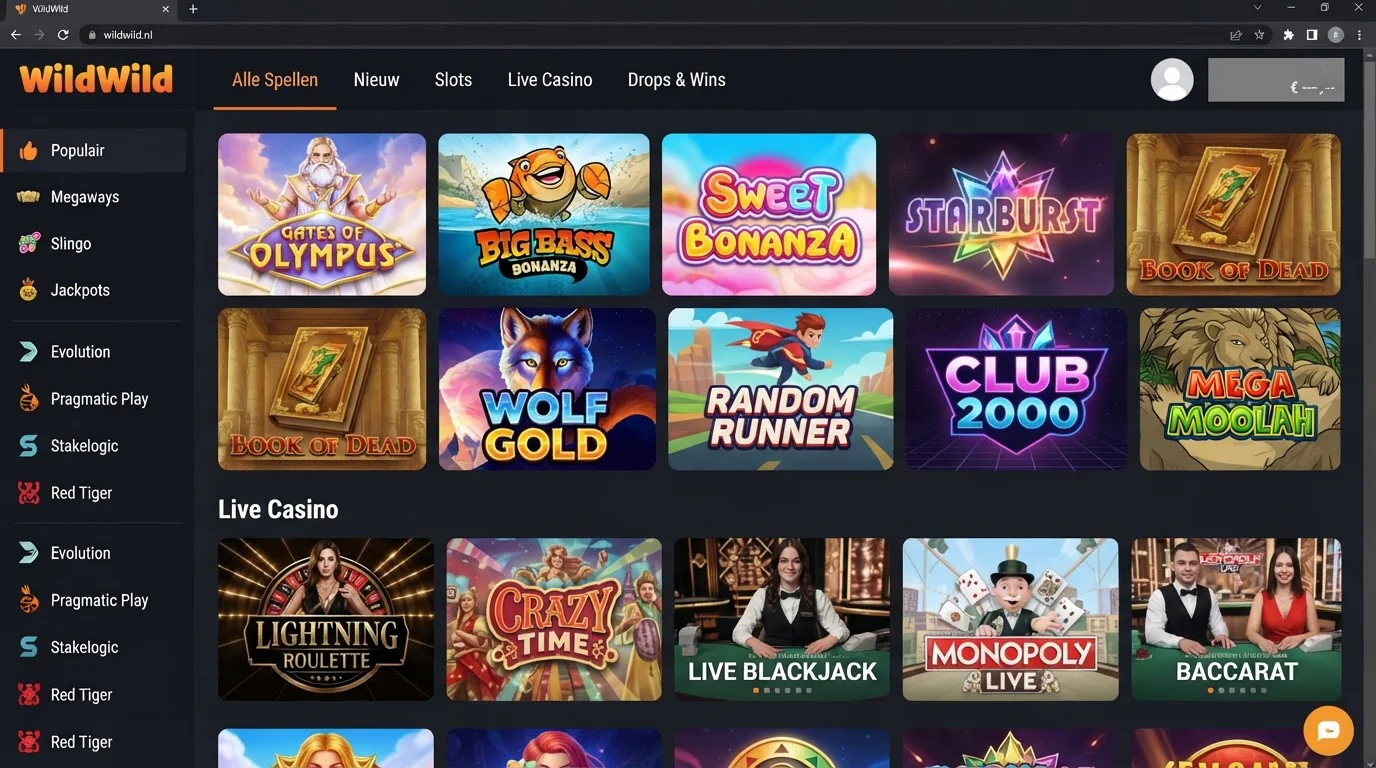WildWild-casinolobby met zichtbare categorieën voor slots en live casino