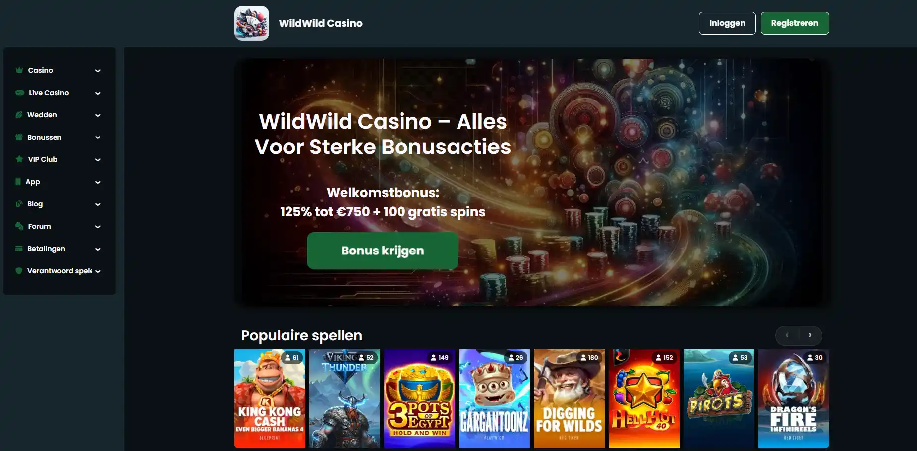 Nederlandstalige WildWild Casino-homepage met merknaam en de huidige welkomstbonus
