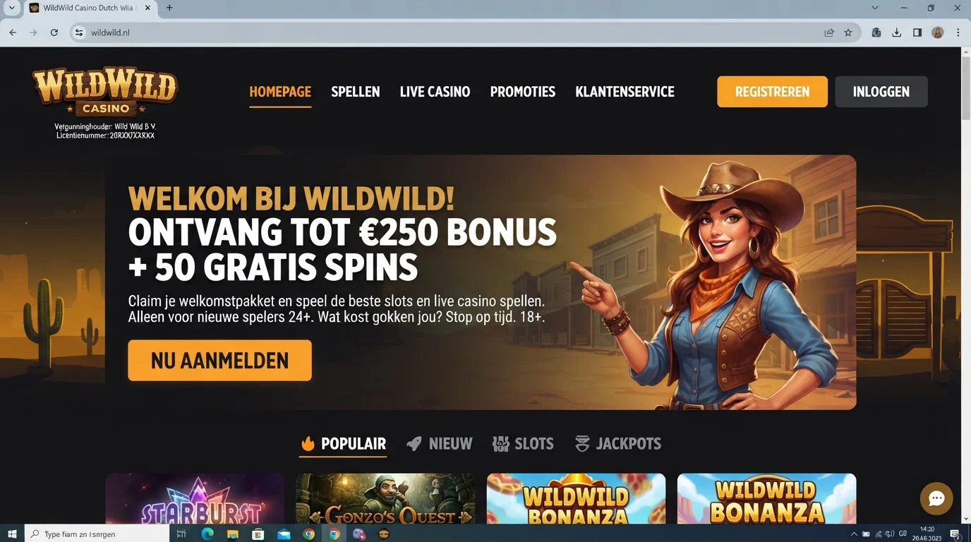 Nederlandstalige WildWild Casino-homepage met merknaam en de huidige welkomstbonus