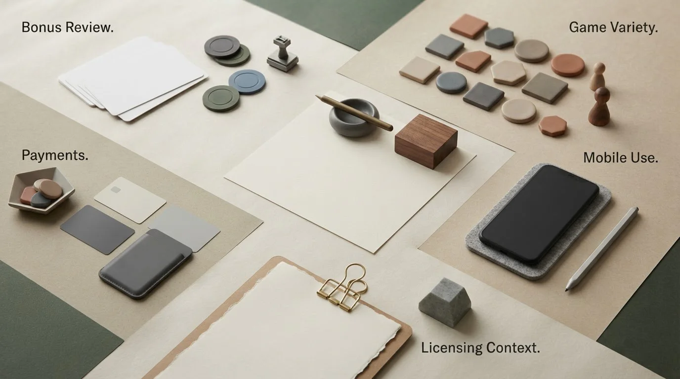 Redactionele illustratie met gescheiden beoordelingsdimensies voor bonus, spellen, betalen, mobiel en licentie