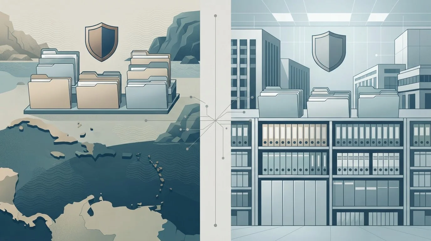 Conceptuele illustratie met Curaçao-jurisdictie en Nederlandse Ksa-context als twee afzonderlijke lagen
